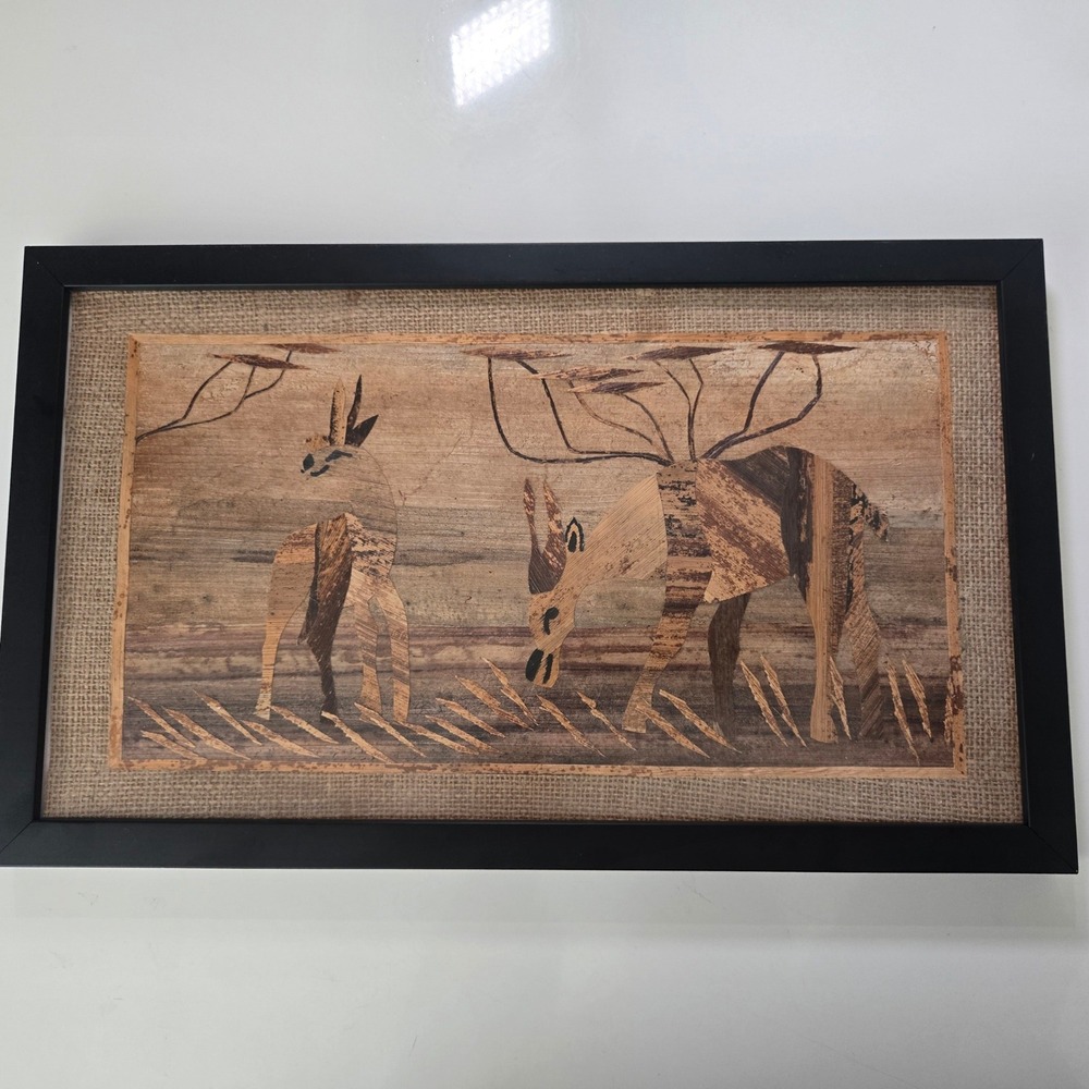 Vintage African Banana Leaf Fiber Art - Framed Antelope Scene